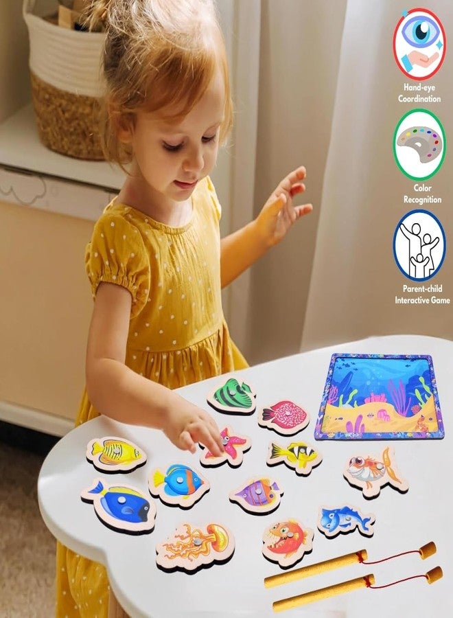 PLUSPOINT 15 Pieces Wooden Magnetic Fishing Game for Kids 12 Fishes 2 Stick 1 Pool Tray Magnet Fish Game Wooden Magnetic Fishing Toys for Kindergarten Preschool Kids Girl Boy (Fish Tray) - Image 3